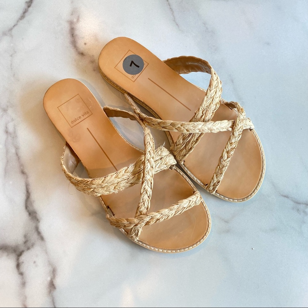 DOLCE VITA Woven Braided Raffia Straw Flat Slide On Sandals